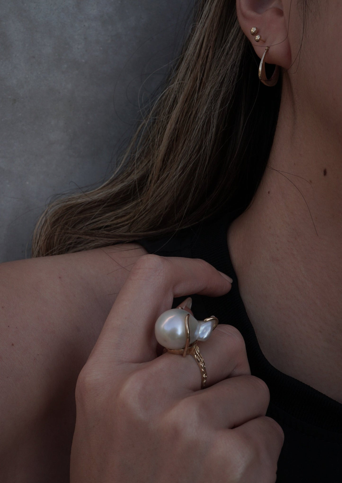 14k Gold Hammered Baroque Pearl Ring