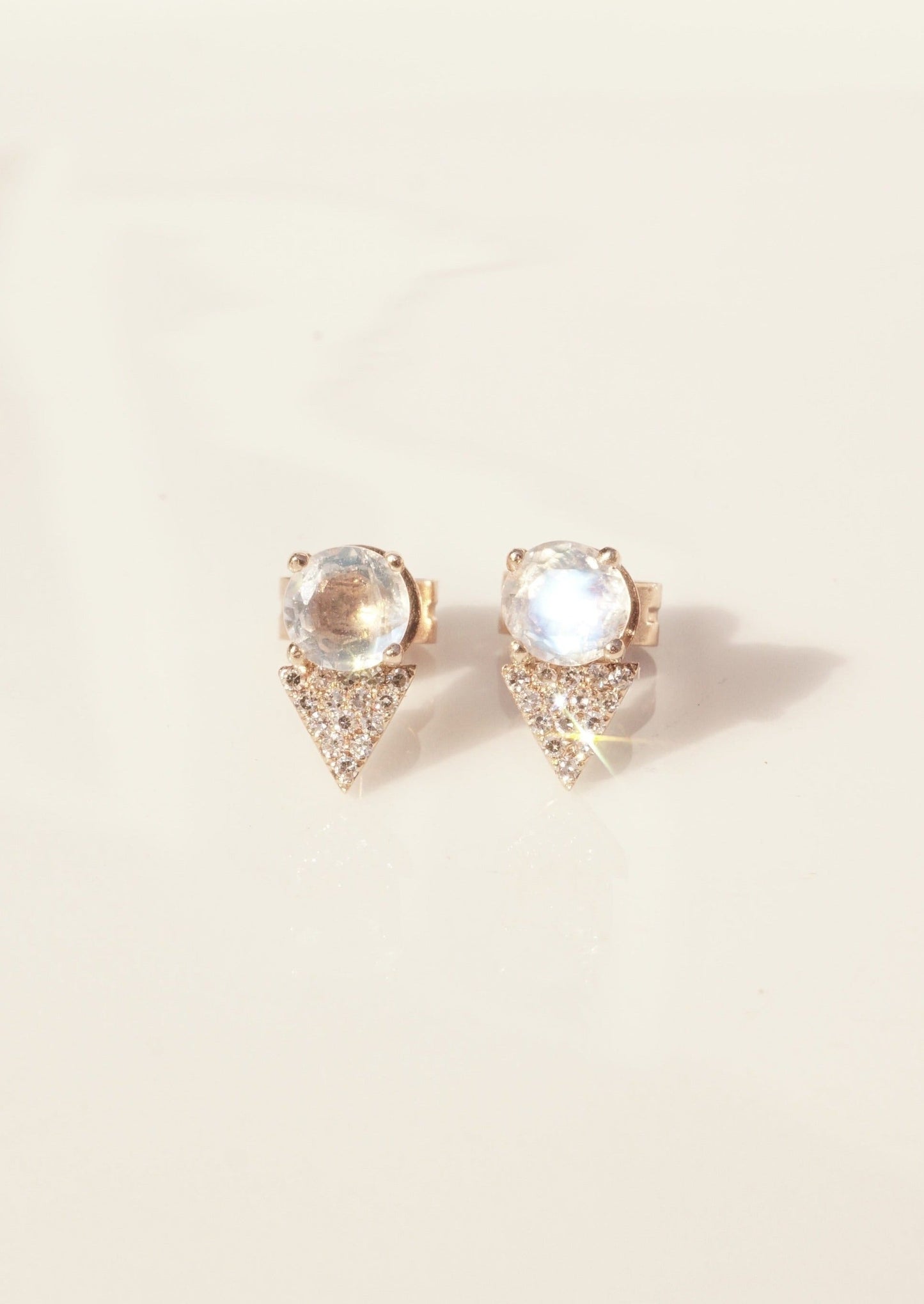 14k Gold Moon Stone Diamond Triangle Earrings